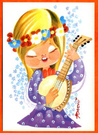 CP Illustrateur Enfants 1 Fille Fleurs Musique Carte Vierge TBE - Anniversaire