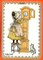 Carte Illustrateur Dolly Doll Enfants Fille Heure Horloge Avec Chat Carte Vierge TBE - Contemporain (à Partir De 1950)