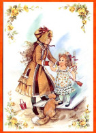 Carte Illustrateur Enfants 2 Filles Fleurs Carte Vierge TBE - Contemporain (à Partir De 1950)