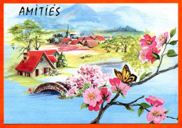 CP AMITIES Illustrateur Village Fleurs Papillon Sans Nom De Village Imprimé Carte Vierge TBE Ste6789 - Contemporanea (a Partire Dal 1950)