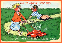 CP Série JOYEUX WEEK-ENDS  Humour Dessin Alexandre Sieste Tondeuse Lyna Carte Vierge TBE - Humor