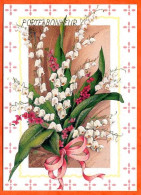 CP Muguet Porte Bonheur Pailletée Fleurs Rouges Carte Vierge TBE - Blumen