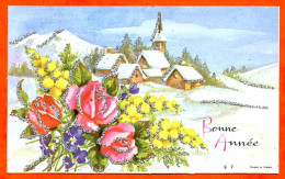 Carte Bonne Année Pailletée Village Hiver Fleurs Avec Enveloppe JLP 7 Carte Vierge TBE - Nouvel An