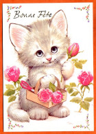 CP BONNE FETE Chat Panier Fleurs Roses Carte Vierge TBE - Cats