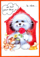 CP Illustrateur Chien Chat Fleurs Niche Carte Vierge TBE - Zeitgenössisch (ab 1950)