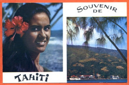 Polynésie Française TAHITI Souvenir De Tahiti Jeune Polynésienne Et Port Papeete Carte Vierge TBE  ( Scan Recto Verso) - Polynésie Française