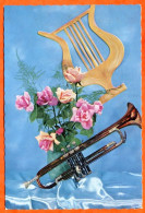 Musique Trompette Lyre Avec Roses Picard Dentelée Carte Vierge TBE - Musica E Musicisti