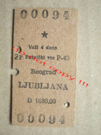 Passenger Train Ticket 00094 / Yugoslavia - Putnički Voz P-43: BEOGRAD - LJUBLJANA ( 1958 ) - Europe