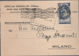 ITALIA - Storia Postale Repubblica - 1956 - 55 Italia Al Lavoro (isolato) - Cartolina Raccomandata - Viaggiata Da Milano - 1946-60: Marcophilia