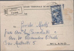 ITALIA - Storia Postale Repubblica - 1953 - 55 Italia Al Lavoro (isolato) - Cartolina Raccomandata - Viaggiata Da Milano - 1946-60: Marcofilie