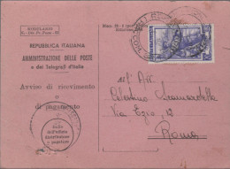 ITALIA - Storia Postale Repubblica - 1952 - 20 Italia Al Lavoro (isolato) - Avviso Di Ricevimento - Viaggiata Da Torino - 1946-60: Marcophilie