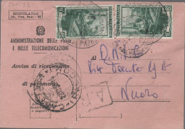 ITALIA - Storia Postale Repubblica - 1953 - 2x 10 Italia Al Lavoro - Avviso Di Ricevimento - Viaggiata Da Cagliari Per N - 1946-60: Marcophilia