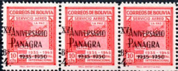 Bolivia 1950 ** CEFIBOL 511ac Strip Of 3: Displaced Surcharge. 15th Anniversary Of The PANAGRA Air Service. In Bolivia. - Bolivia