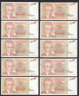 JUGOSLAWIEN - YUGOSLAVIA  10 Stück á 5000 Dinara 1993 Pick 128 Ca.VF (3)  (32252 - Joegoslavië