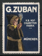 Reklamemarke K. B. Hof-Cigaretten-Fabrik Von G. Zuban, München, Münchner Kindl Zündet Sich Eine Zigarette An  - Vignetten (Erinnophilie)