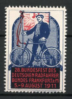 Reklamemarke Frankfurt / Main, 28. Bundesfest Des Deutschen Radfahrerbundes 1911, Mann Mit Flagge Und Fahrrad  - Erinnophilie