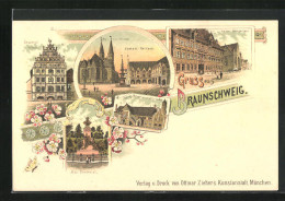 Lithographie Braunschweig, Wolters Hofbrauhaus, Gewandhaus, Altstadt-Rathaus  - Braunschweig
