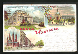 Lithographie Wiesbaden, Königliches Theater, Evangelische Kirche, Kochbrunnen  - Theater