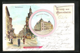 Lithographie Mannheim, Kaiserliches Postamt, Breitestrasse Mit Strassenbahn  - Mannheim