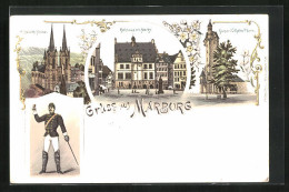Lithographie Marburg, Rathaus Mit Markt, Elisabeth Kirche, Kaiser Wilhelm-Turm  - Marburg