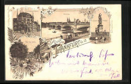 Lithographie Frankfurt /Oder, Unter Den Linden, Prinz Leopold Denkmal, Oderbrücke  - Frankfurt A. D. Oder
