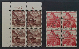 SCHWEIZ SBK 215+242 Z Gummi Geriffelt, Viererblocks Zentrische Stempel, 380,-SFr - Usati