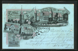 Mondschein-Lithographie Lippborg, Haus Assen, Kriegerdenkmal, Pfarrhaus, Schule  - Autres & Non Classés