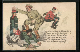 Künstler-AK Deutscher Soldat Schlägt Sich Mit Russen, Franzosen Und Engländern  - War 1914-18