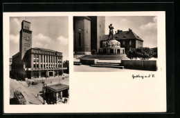 AK Gablonz / Jablonec Nad Nisou, Strassenbahn Am Rathaus, Denkmal  - Tchéquie