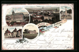 Lithographie Teplitz Schönau / Teplice, Schlackenburg, Real-Obergymnasium Und Krieger Denkmal  - Czech Republic