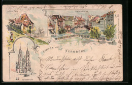 Lithographie Nürnberg, Lorenzkirche, Fleischbrücke, Auf Der Burg  - Nürnberg