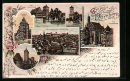 Lithographie Nürnberg, Ortsansicht Von Der Lorenzkirche, Frauenkirche, Petersen Haus  - Nuernberg