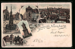 Lithographie Nürnberg, Ortsansicht Von Der Lorenzkirche, Der Schöne Brunnen, Hans Sachs Denkmal  - Nürnberg