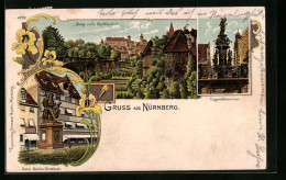 Lithographie Nürnberg, Burg Vom Spittlerthor, Tugendbrunnen, Hans-Sachs-Denkmal  - Nuernberg