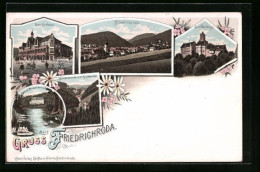 Lithographie Friedrichroda, Ortsansicht, Wartburg, Kurhaus  - Friedrichroda