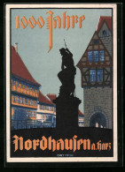 Künstler-AK Nordhausen /Harz, Platz Mit Statue Und Wohnhäusern  - Nordhausen