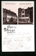Vorläufer-Lithographie Weimar, 1892, Goethes Wohnhaus, Schillers Wohnhaus  - Weimar