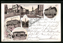 Lithographie Windsheim, Kgl. Amtsgericht, Pfarrtöchterheim, Rathaus, Schwalbengasse  - Bad Windsheim