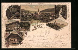 Lithographie Lorch, Schelmenklinge, Schillerhaus, Gasthof Zur Harmonie, Kloster  - Lorch