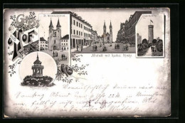 Lithographie Hof, Altstadt Mit Katholischer Kirche, Labyrinth, St. Michaeliskirche  - Hof