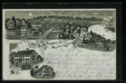 Mondschein-Lithographie Münsingen, Truppen-Übungsplatz, Hôtel Fezer, Gasthaus Ludwigs-Höhe, Casino  - Muensingen