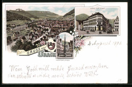 Lithographie Urach, Hotel Zur Post, Marktbrunnen, Gesamtansicht  - Bad Urach
