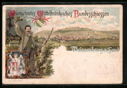 Lithographie Ganzsache Bayern PP15C15, Weissenburg A. Sand, 14. Mittelfränkisches Bundesschiessen 1899, Panorama  - Jagd