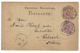 Postkarte Deutsche Reichspost Deutsches Reich 5 Pfennig 1877 MULHAUSEN Unterstrass Zurich Schweiz Postwaardestuk - Postkarten