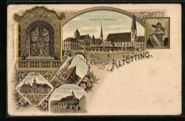 Lithographie Altötting, Englisches Institut, Kapuzinerkirche, Hauptplatz Mit Gnadenkapelle  - Altötting