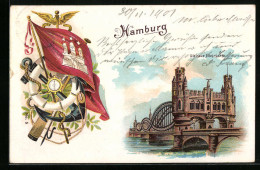 Lithographie Hamburg-Rothenburgsort, Die Neue Elbbrücke, Wappen Mit Schiffsanker  - Mitte
