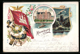 Lithographie Hamburg-Neustadt, Hotel Hamburger Hof, Zoo Im Mondschein, Wappen Mit Rettungsring  - Mitte