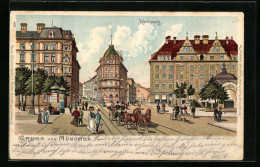 Lithographie München, Karlsplatz Mit Kutsche Und Strassenbahn  - Muenchen