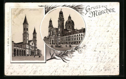 Lithographie München, Theatinerkirche Und Ludwigskirche, Private Stadtpost  - Briefmarken (Abbildungen)