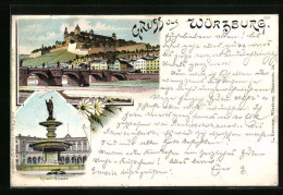 Lithographie Würzburg, Kilians Brunnen, Panorama Mit Residenzschloss  - Wuerzburg